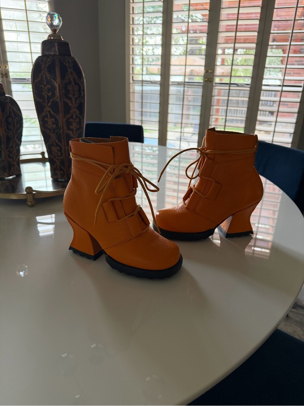 John Fluevog Orange Lace-Up Sculpted Heel Ankle Boots